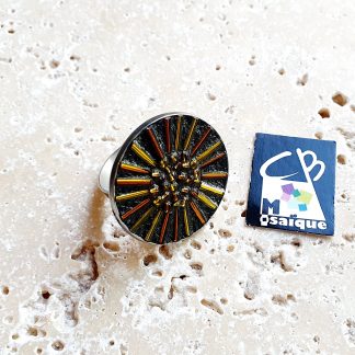 Bague ronde verre et rocaille jaune or