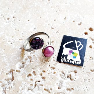 Bague ronde double verre et rocaille rose